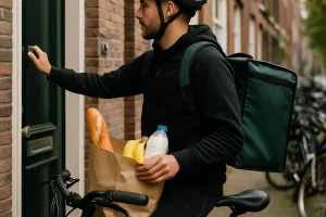 Flitsbezorger die aan een deur klopt terwijl hij een boodschappentas vast heeft in zijn linkerhand