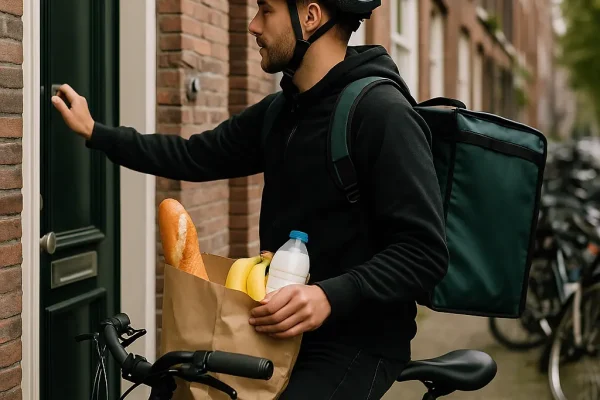 Flitsbezorger die aan een deur klopt terwijl hij een boodschappentas vast heeft in zijn linkerhand