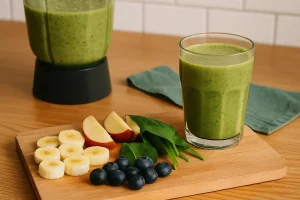 Glas groene smoothie op een houten tafel, met daarnaast een snijplank met verse ingrediënten zoals banaan, appel, spinazie en blauwe bessen; op de achtergrond staat een blender met de overgebleven smoothie.