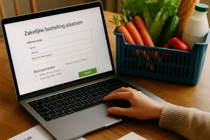 Persoon die gegevens op een laptop invuld zodat hij een zakelijke bestelling kan plaatsen. Naast de laptop staat een boodschappenbox vol met boodschappen