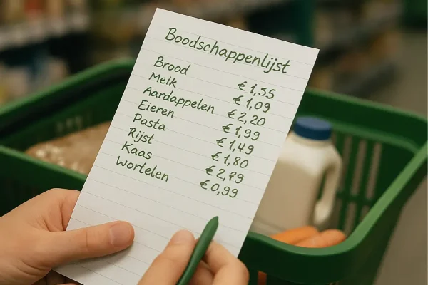 Persoon in gangpad supermarkt met boodschappenlijst in handen